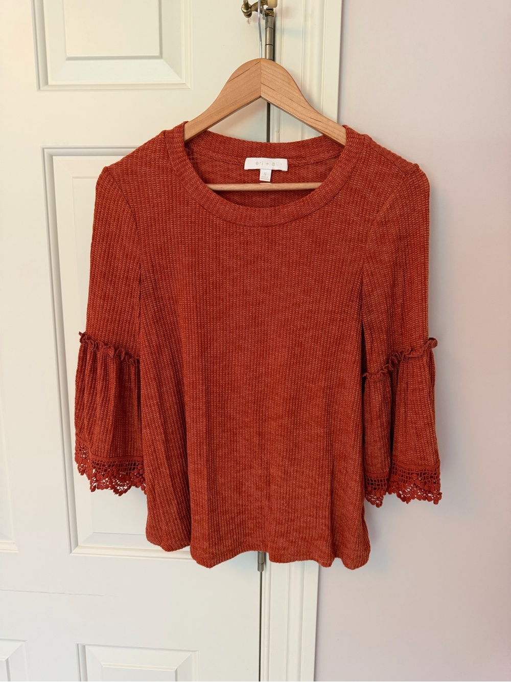 🍂 Anthropologie Eri + Ali Rust Crochet-Sleeve Knit Top - Perfect for Fall 🍁